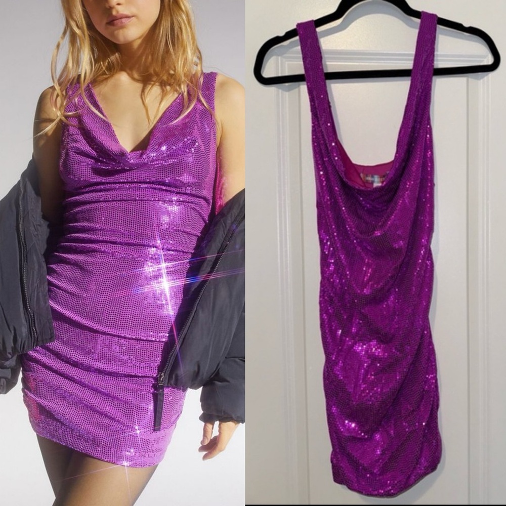 Urban Outfitters || Purple Sequin Cowl Neck Mini Dress size M **NEW**
